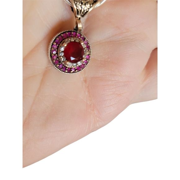 Vintage 925 Sterling and Bronze Round Ruby and White Zircon Halo Pendant 17 1/2" - Picture 3 of 10